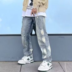 批发美式做脏直筒修身牛仔裤泼墨涂鸦春秋裤子男vibe风小众裤子长裤子