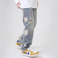 批发美式高街hiphop泼墨牛仔裤男春季潮牌ins设计感小众宽松直筒裤子