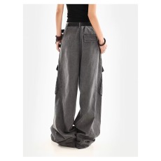 批发复古美拉德棕色褶皱大口袋工装牛仔裤女夏薄款宽松直筒阔腿拖地裤