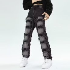 批发春季黑灰色前后破洞牛仔裤男宽松直筒阔腿休闲复古毛边刮烂水洗潮