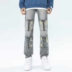 批发美式拼色贴布补丁牛仔裤男潮牌春秋季复古做旧宽松直筒休闲长裤子