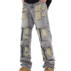批发美式拼色贴布补丁牛仔裤男潮牌春秋季复古做旧宽松直筒休闲长裤子