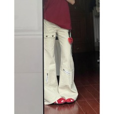 批发美式设计感多口袋工装牛仔裤女春季新款低腰宽松直筒微喇阔腿长裤