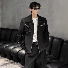 批发小众金属解构垫肩外套男款春季美式短款工装<b class='q'>夹克</b>高级感痞帅机车服