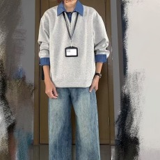 批发假两件半拉链翻领<b class='q'>卫衣</b>男女士春秋季学院风撞色拼接套头外套上衣