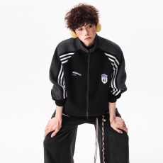 批发美式复古徽章插肩袖立领卫衣女男秋季宽松休闲<b class='q'>百搭</b>运动棒球服情侣