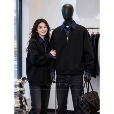 批发假两件半拉链翻领<b class='q'>卫衣</b>男女士春秋季学院风撞色拼接套头外套上衣