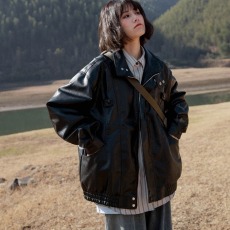 批发春秋款美式复古飞行员PU<b class='q'>皮衣</b>外套<b class='q'>男</b>女痞帅潮流宽松立领皮夹克上衣