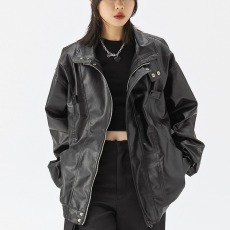 批发春秋款美式复古飞行员PU<b class='q'>皮衣</b>外套<b class='q'>男</b>女痞帅潮流宽松立领皮夹克上衣