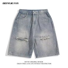 批发夏季复古做旧水洗破洞<b class='q'>牛仔</b><b class='q'>短裤</b><b class='q'>男</b>女宽松酷帅高街直筒休闲五分裤