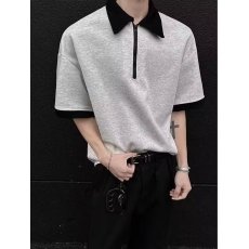 批发浅灰色假两件格子polo衫短袖t恤<b class='q'>男</b>款夏季潮牌美式复古拼接<b class='q'>衬衫</b>领