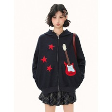 批发美式复古五角星吉他刺绣连帽卫衣女秋季宽松甜酷辣妹短款开衫外套