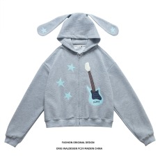 批发美式复古五角星吉他刺绣连帽卫衣女秋季宽松甜酷辣妹短款开衫外套