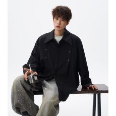 批发日系复古解构压褶长袖<b class='q'>衬衫</b><b class='q'>男</b>春秋老钱风双排扣简约通勤翻领<b class='q'>衬衣</b>