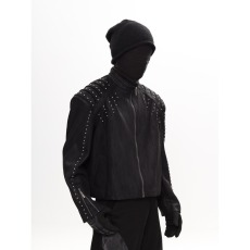 批发2026新款金属柳钉立领短款<b class='q'>皮衣</b><b class='q'>男</b>高级感垫肩夹克外套