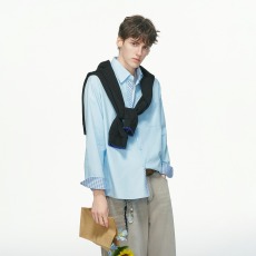 批发海岛热恋小众条纹撞色<b class='q'>衬衫</b><b class='q'>男</b>女2026春秋新款假两件拼接设计感上衣