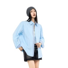 批发海岛热恋小众条纹撞色<b class='q'>衬衫</b><b class='q'>男</b>女2026春秋新款假两件拼接设计感上衣