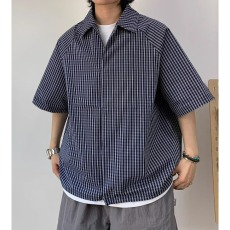 批发美式复古格纹短袖<b class='q'>衬衫</b><b class='q'>男</b>女夏季宽松休闲格子<b class='q'>衬衣</b>日系百搭半袖上衣