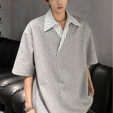 批发美式假两件正肩POLO衫<b class='q'>男</b>款夏季设计感翻领条纹<b class='q'>衬衫</b>领拼接短袖T恤