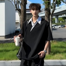 批发美式假两件正肩POLO衫<b class='q'>男</b>款夏季设计感翻领条纹<b class='q'>衬衫</b>领拼接短袖T恤