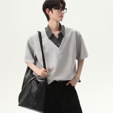 批发美式假两件正肩POLO衫<b class='q'>男</b>款夏季设计感翻领条纹<b class='q'>衬衫</b>领拼接短袖T恤