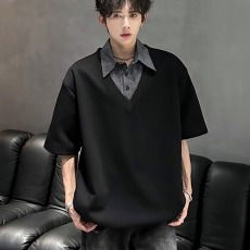 批发美式假两件正肩POLO衫<b class='q'>男</b>款夏季设计感翻领条纹<b class='q'>衬衫</b>领拼接短袖T恤