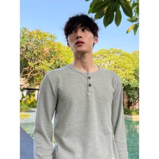 批发复古学院风华夫格亨利领<b class='q'>长袖</b><b class='q'>t</b><b class='q'>恤</b>女秋季新款灰色宽松百搭休闲上衣