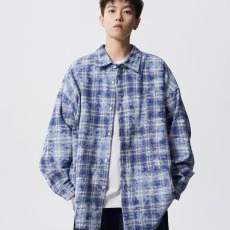 批发小众设计感扎染美式<b class='q'>街头</b>格子衬衫外套男女宽松防晒长袖衬衣潮流