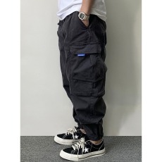 批发秋季复古宽松口袋束脚工装裤<b class='q'>男</b> 抽绳松紧腰微弹休闲长裤子