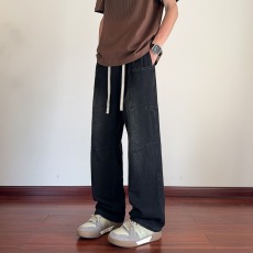 批发美式高街黑灰复古大口袋工装牛仔裤微喇<b class='q'>男</b>款夏季潮牌阔腿直筒裤子