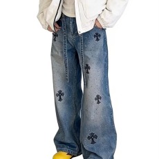 批发高街vibe风十字架满钻潮牌直筒宽松牛仔裤<b class='q'>男</b>女潮流cleanfit阔腿裤