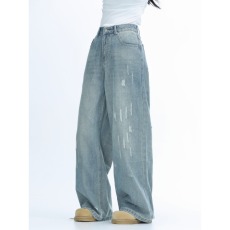 批发美式复古做旧磨破高街牛仔裤<b class='q'>男</b>女春秋水洗宽松显瘦阔腿直筒裤子