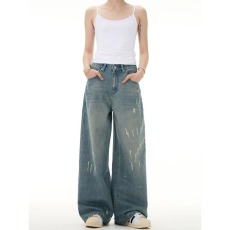 批发美式复古水洗破洞牛仔裤<b class='q'>男</b>女cleanfit宽松休闲新款高街直筒裤子潮