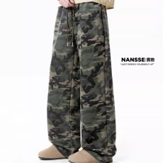 批发美式复古迷彩休闲运动裤<b class='q'>男</b>女款街头春秋季宽松百搭阔腿直筒卫裤