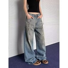 批发美式高街痞帅牛仔裤<b class='q'>男</b>女水洗做旧复古设计感泼墨拖地宽松直筒裤子
