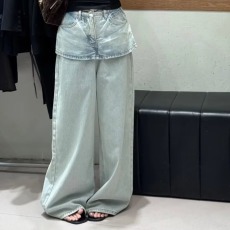 批发韩版复古假两件拼接设计阔腿牛仔<b class='q'>裤</b>女春秋季<b class='q'>新款</b>高腰宽松直筒<b class='q'>裤</b>