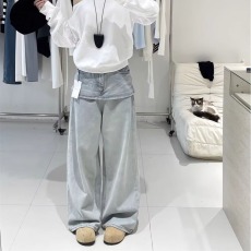 批发韩版复古假两件拼接设计阔腿牛仔<b class='q'>裤</b>女春秋季<b class='q'>新款</b>高腰宽松直筒<b class='q'>裤</b>