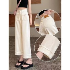 批发牛仔<b class='q'>裤</b>女白色春季<b class='q'>新款</b>宽松拼接毛边高腰休闲直筒显瘦九分阔腿<b class='q'>裤</b>子