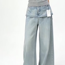 批发韩版复古假两件拼接设计阔腿牛仔<b class='q'>裤</b>女春秋季<b class='q'>新款</b>高腰宽松直筒<b class='q'>裤</b>