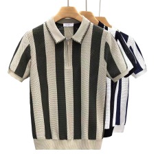 批发夏季条纹撞色翻领短袖<b class='q'>t</b><b class='q'>恤</b>男士潮流<b class='q'>个性</b>时尚休闲针织polo衫上衣服
