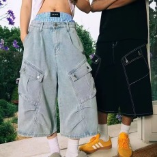 批发美式复古褶皱多口袋七分裤<b class='q'>男</b>女夏季宽松休闲阔腿工装裤<b class='q'>牛仔</b><b class='q'>短裤</b>潮