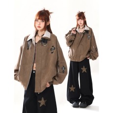 批发原创美式十字架贴皮刺绣翻领<b class='q'>外套</b>女春季潮牌宽松撞色拼接夹克男