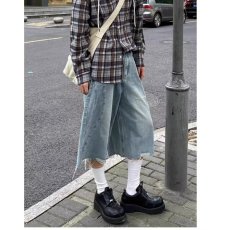 批发美式解构毛边设计感<b class='q'>牛仔</b><b class='q'>短裤</b><b class='q'>男</b>女夏季宽松休闲水洗小众阔腿七分裤