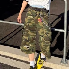 批发情侣<b class='q'>夏</b>季男女美式迷彩补丁短裤2026新款潮牌直筒七分中裤潮流百搭