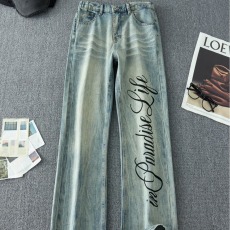 批发复古蓝字母印花微喇<b class='q'>牛仔裤</b><b class='q'>男</b>春秋美式高街裤子直筒<b class='q'>修身</b>阔腿裤