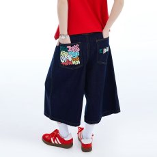 批发美式复古字母印花牛仔<b class='q'>七分</b>裤女夏季高街设计感宽松显瘦阔腿短裤潮