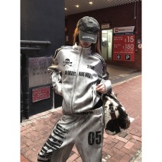 批发美式复古水洗喷脏做旧卫衣男女春秋季街头立领夹克外套视觉系上衣