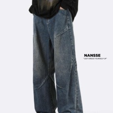 批发牛仔裤男春秋2024<b class='q'>新款</b>潮牌美式复古拼接宽松休闲直筒阔腿工装长裤