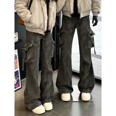 批发美式多口袋工装<b class='q'>牛仔裤</b><b class='q'>男</b>女高街复古宽松直筒百搭潮流<b class='q'>修身</b>微喇裤子