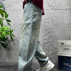 批发秋天<b class='q'>男士</b>宽松<b class='q'>裤子</b>潮流百搭美式高级感拼接复古做旧水洗工装弯刀裤